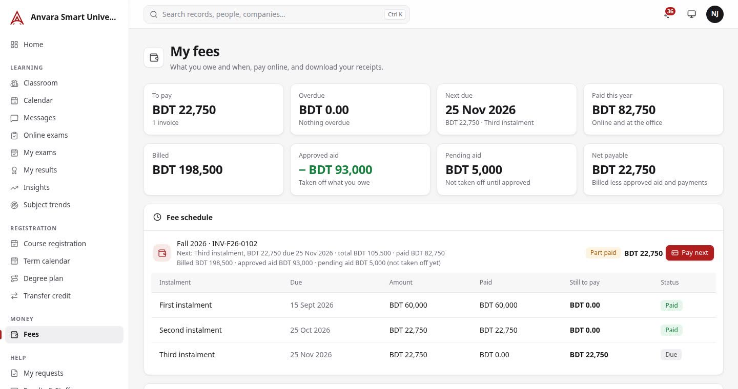 My fees: to pay, overdue, next due, paid this year; billed, approved aid, pending aid, net payable; the instalment schedule