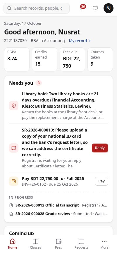 Student home on a phone: Needs you with a library hold, a request waiting for a reply and a fee to pay