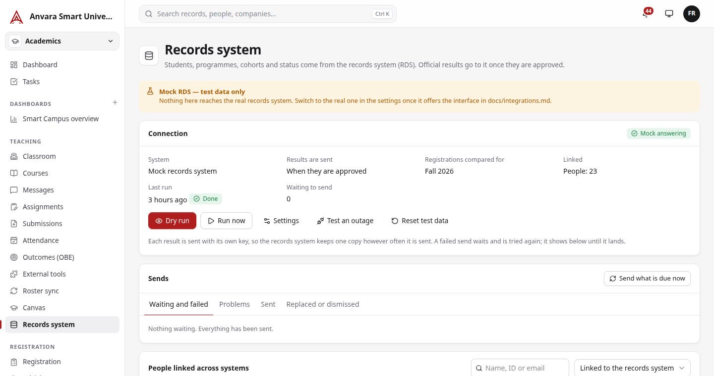 Records system screen: connection status, results sent when approved, sends waiting and failed, people linked across systems